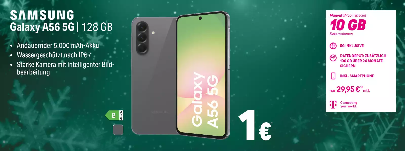 Samsung Galaxy A56 5G Angebot mit 128 GB, 5G-Tarif und 10 GB Datenvolumen im Winterdesign.