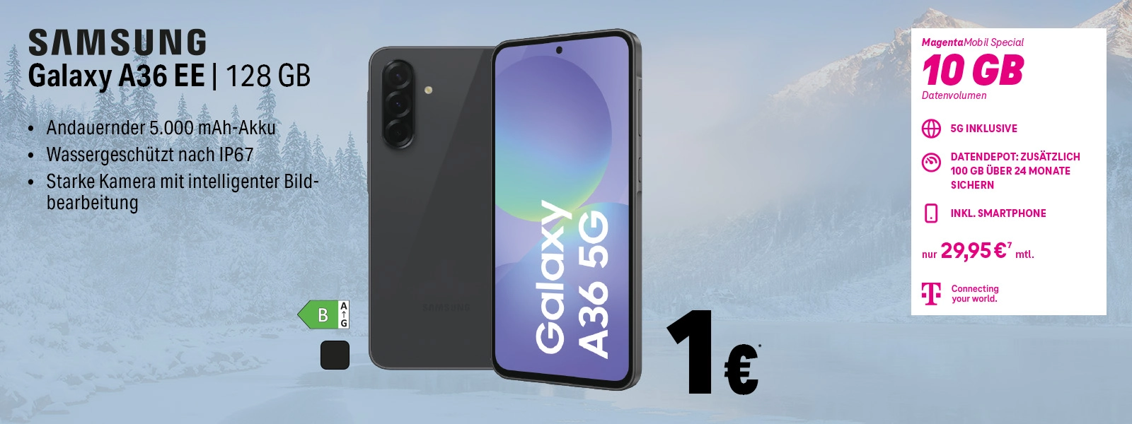Samsung Galaxy A36 EE 128 GB mit 10 GB 5G-Tarif, wassergeschützt und starker Kamera.