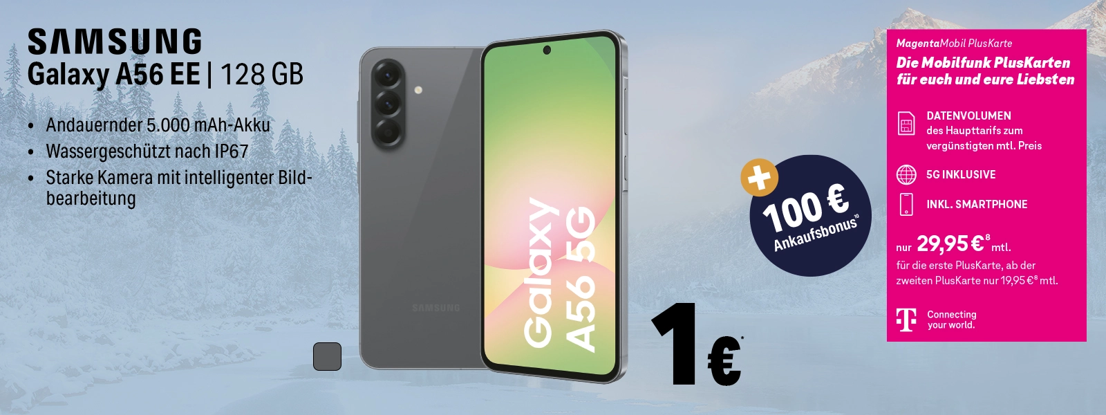 Werbung für Samsung Galaxy A56 EE 128 GB mit 5G, großem Akku und PlusKarte-Angebot.