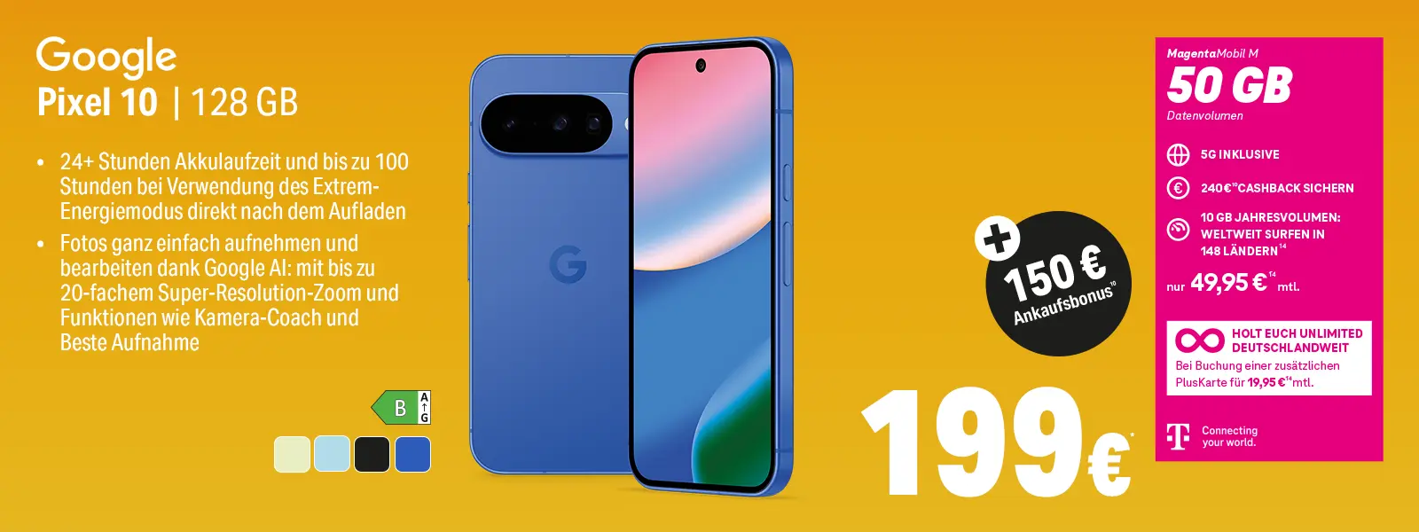 Werbebanner: Google Pixel 10 128 GB Smartphone mit Tarif und 50 GB Datenvolumen
