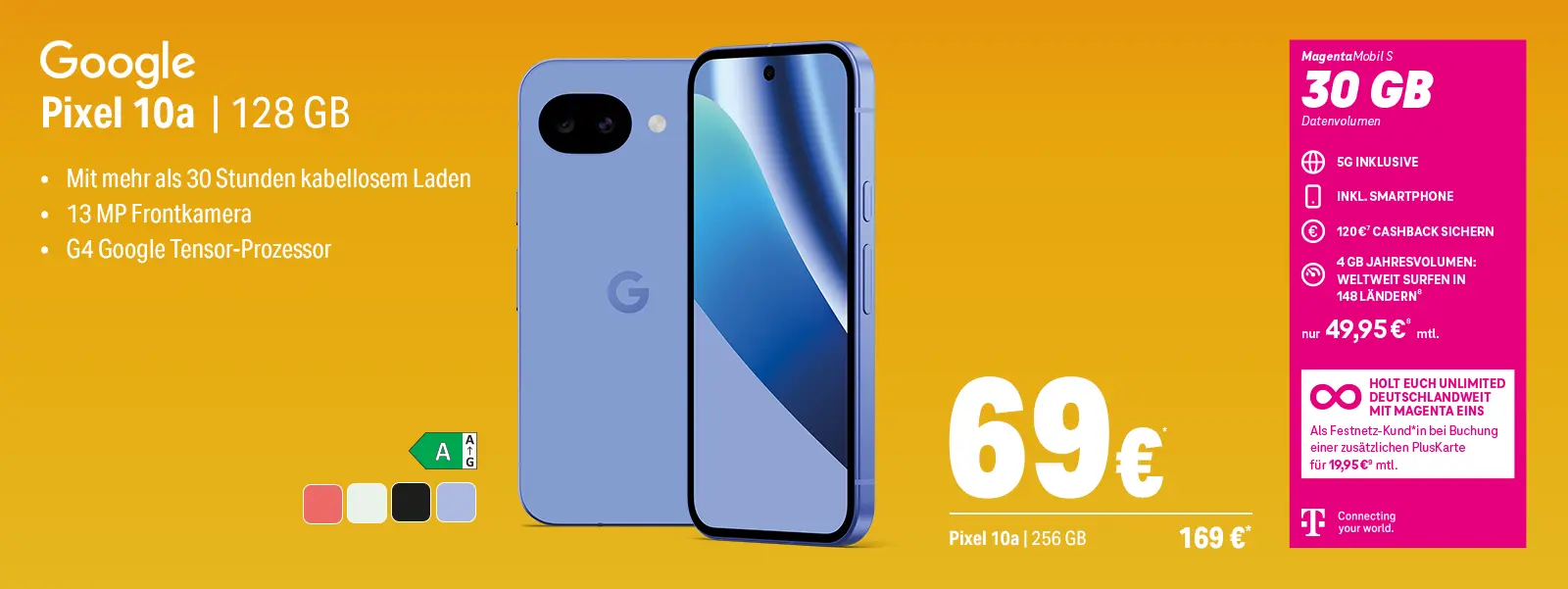 Werbebanner für Google Pixel 10a Smartphone mit 30 GB 5G MagentaMobil S Vertrag